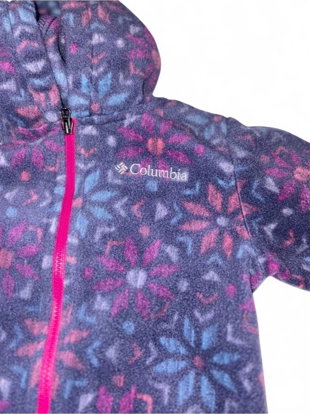 Columbia Kids Purple and Pink floral Fleece One-Piece Hooded Footie size 18-24 m